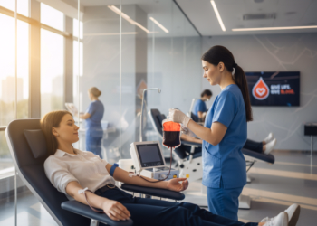 Persoană donând sânge, ilustrând ghidul informativ ARISU despre importanța salvării de vieți prin donarea de sânge.