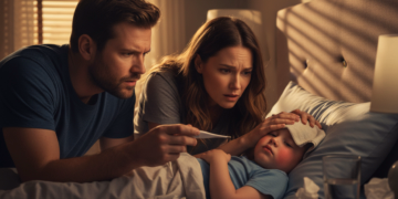 Părinte verificând temperatura copilului cu febră, ilustrând ghidul complet ARISU despre gestionarea febrei și recunoașterea urgențelor medicale.